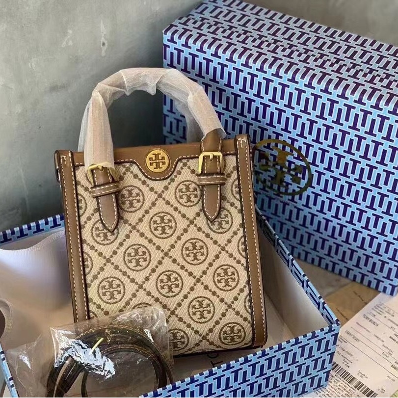 Tory Burch Beige T Monogram Mini Crossbody Tote Bag